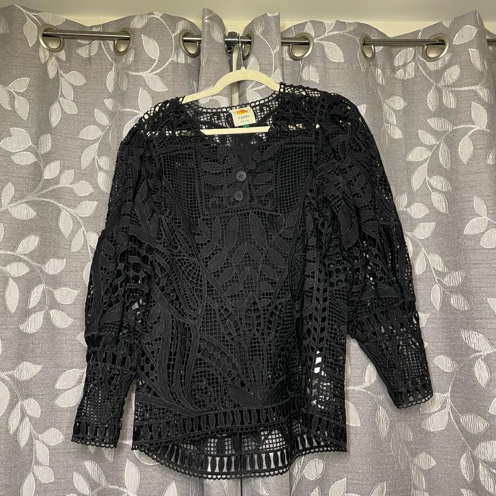 FARM Rio Black Guipire Puff Sleeve Blouse